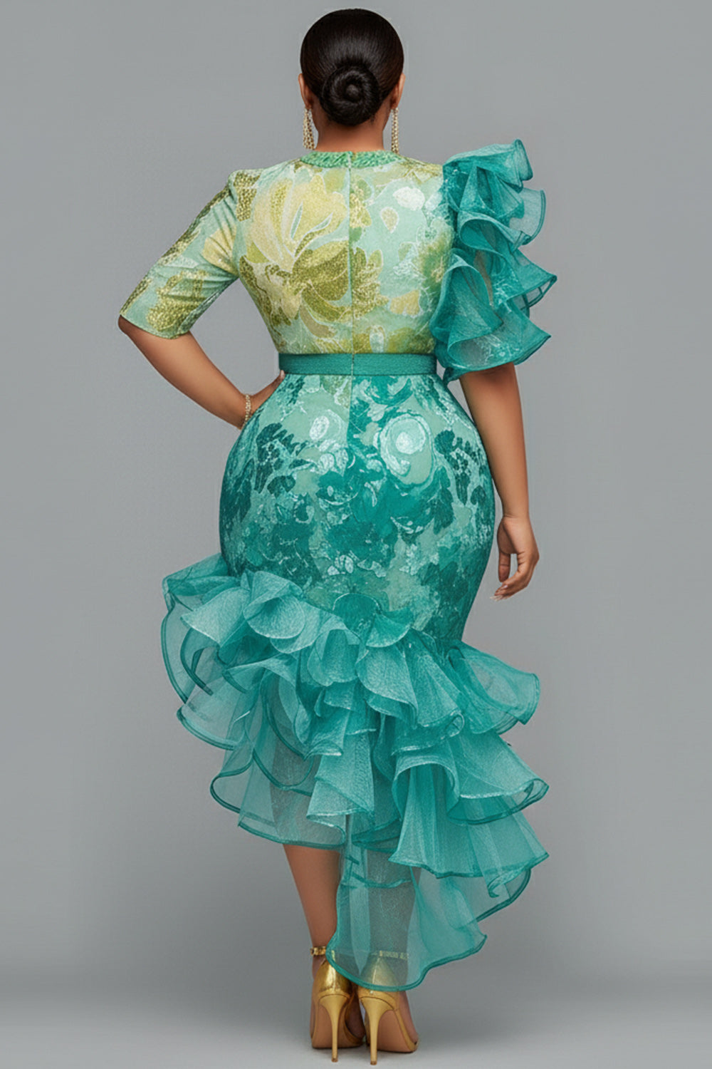 Cocktail Party Green All Over Print Round Neck Half Sleeve Ruffle Asymmetric Hem Irregular Hem Midi Dresses