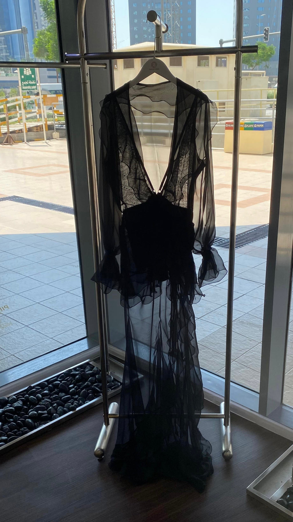 Black Sheer Chiffon Plunge Neck Maxi Dress with Lace Trim
