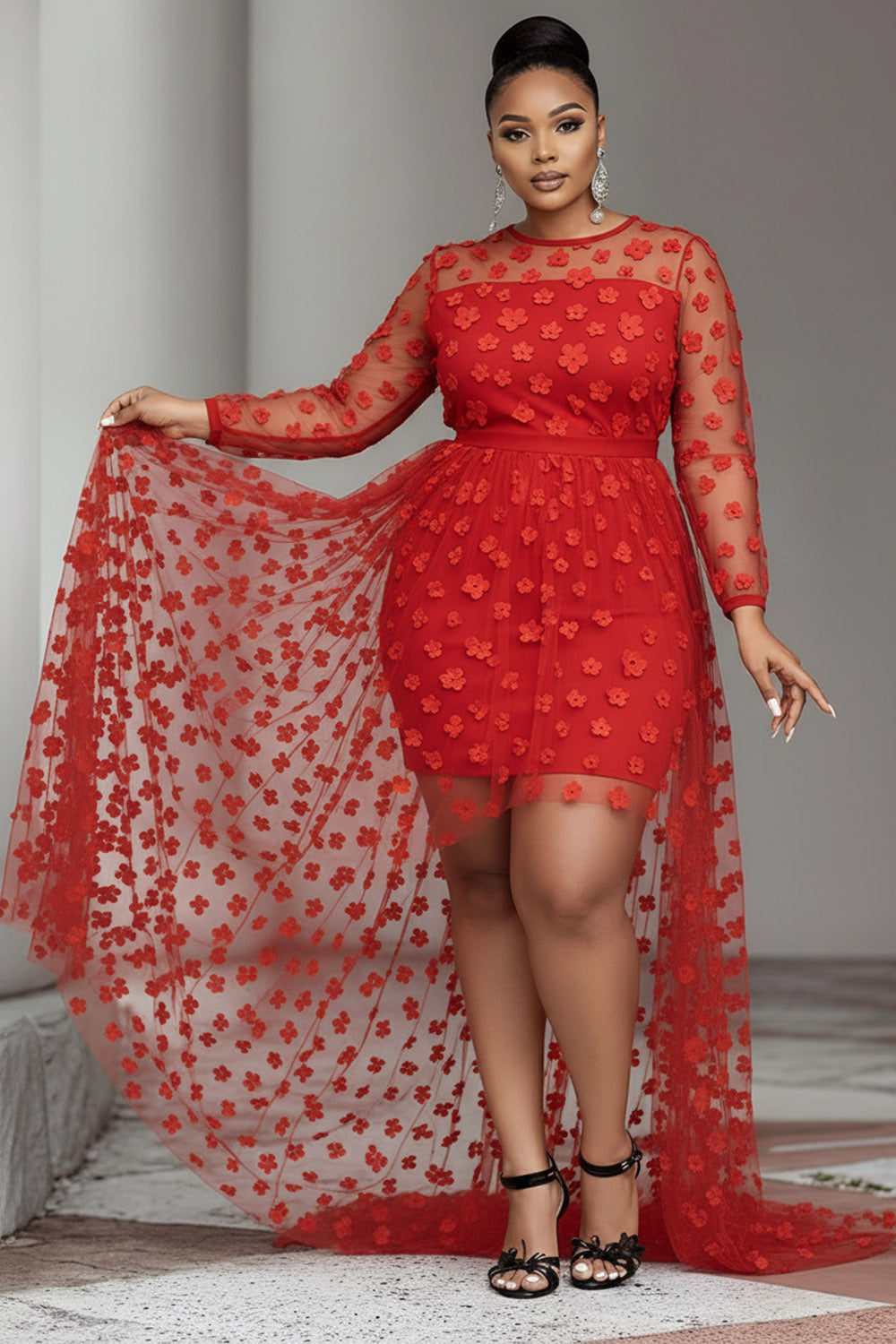 Party Red Round Neck Long Sleeve High Low Hem Elegant See Through Tulle Mini Dresses