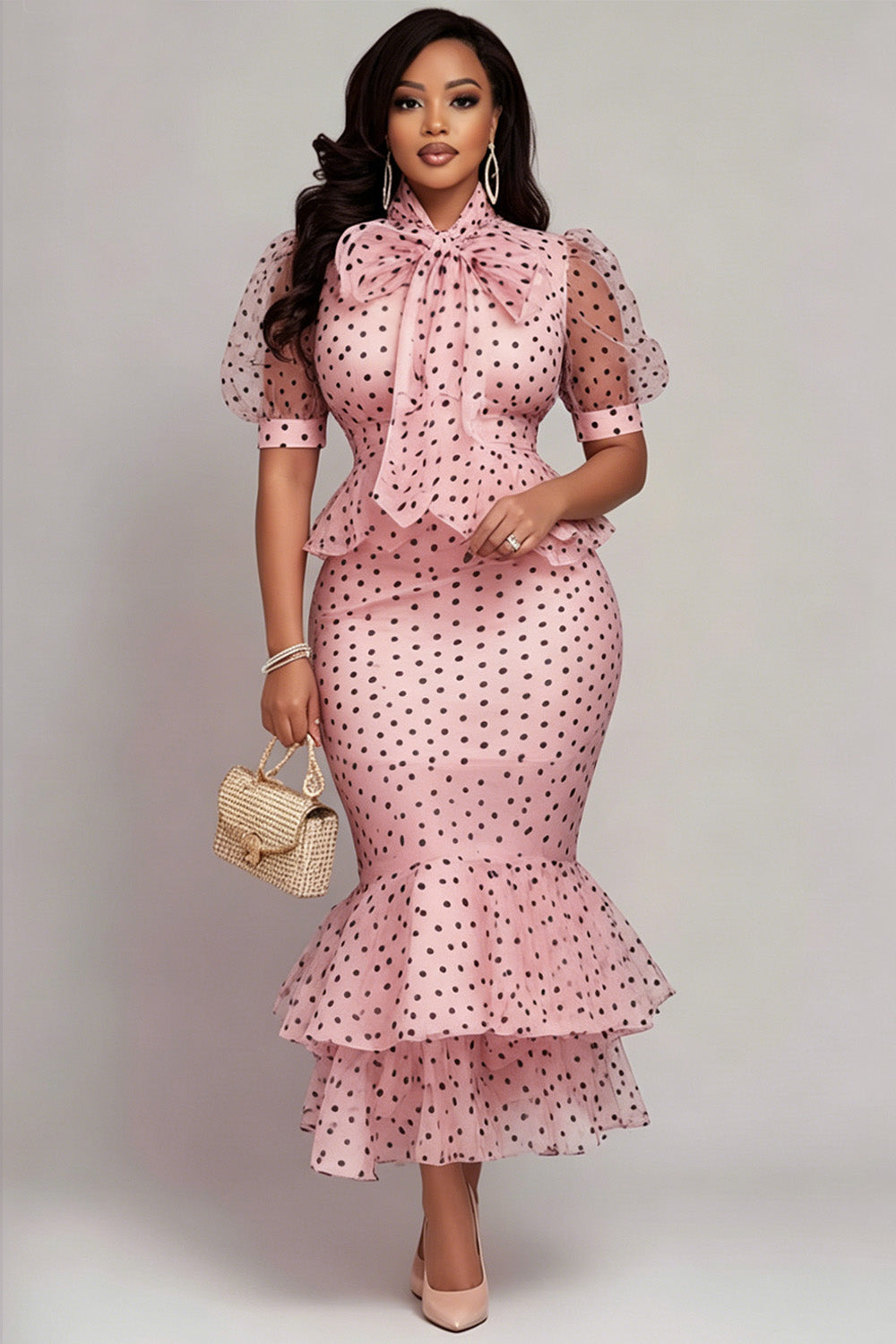 Business Casual Pink Polka Dot Mock Neck Puff Sleeve Short Sleeve Ruffle Bodycon Organza Two Piece Skirt Sets