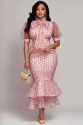 Business Casual Pink Polka Dot Mock Neck Puff Sleeve Short Sleeve Ruffle Bodycon Organza Two Piece Skirt Sets