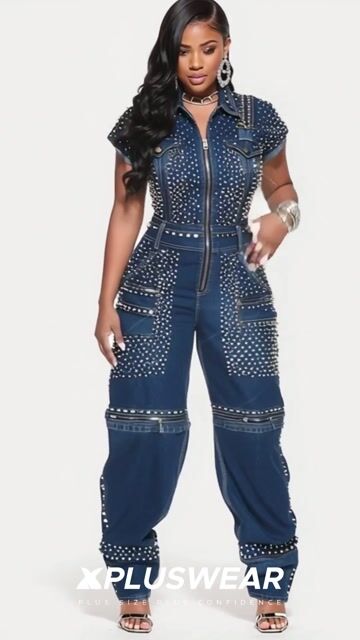 Xpluswear Design Plus Size Party Blue Shirt Collar Short Sleeve Zipper Drilling Denim Jumpsuits