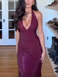 Burgundy Sequin Halter Midi Dress with Backless Design & Plunging V-Neck