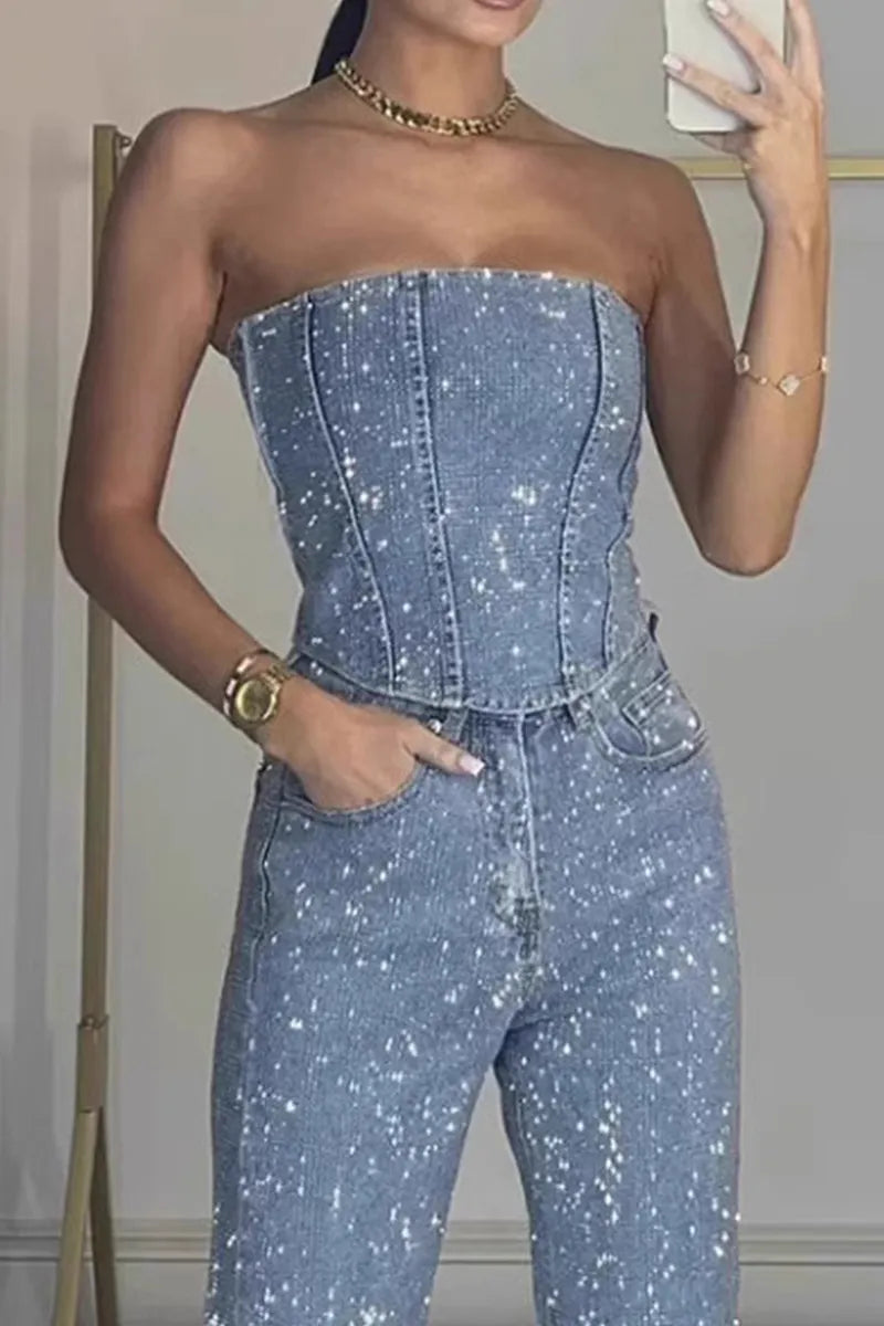 Ladies' Sexy Off Shoulder Sparkling Rhinestone Denim Top & Jeans