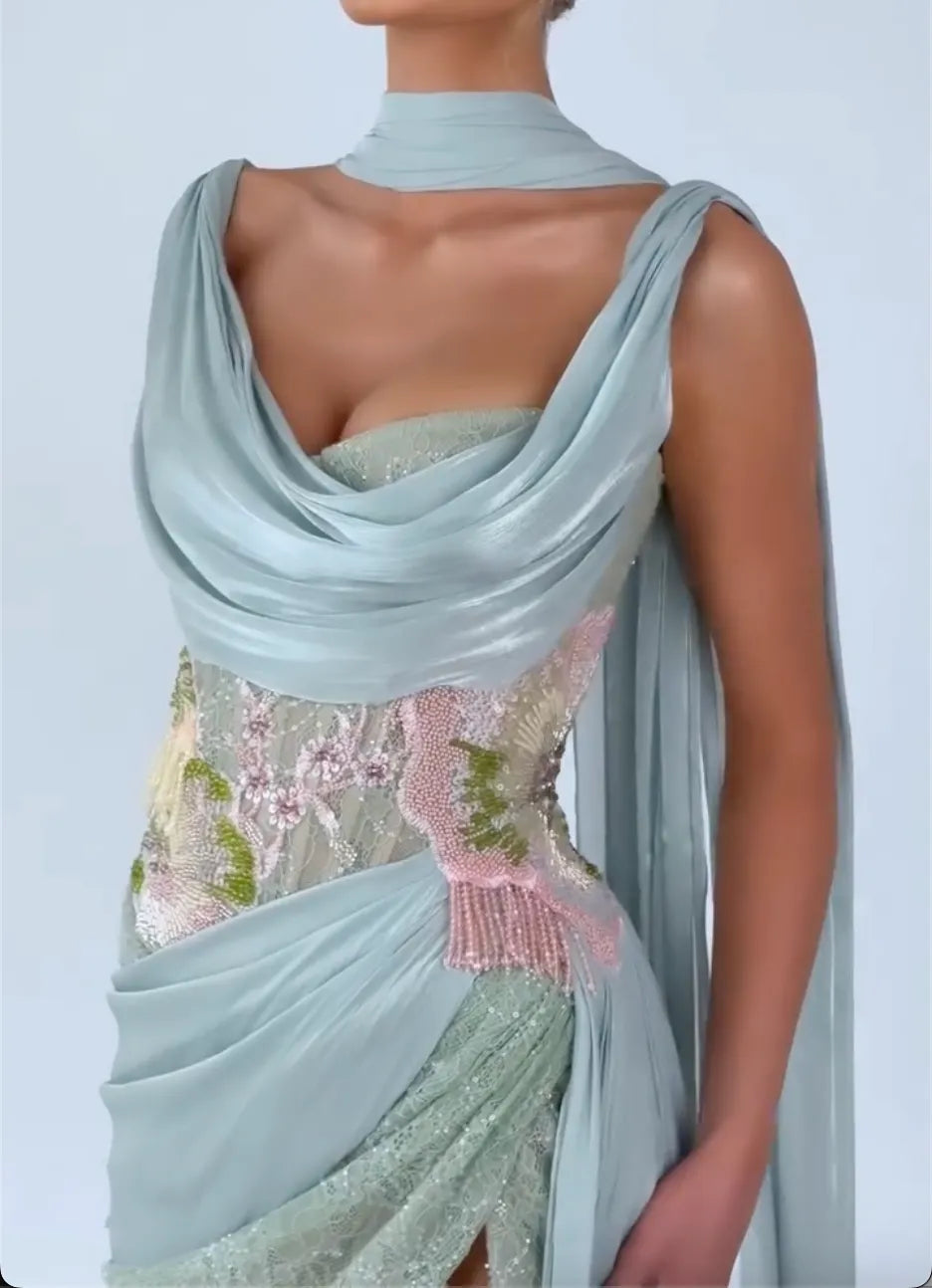 Mint Green Draped Halter Floral Embroidery High‐Slit Mermaid Maxi Evening Gown, Formal Dress for Prom Wedding Guest Gala Red Carpet