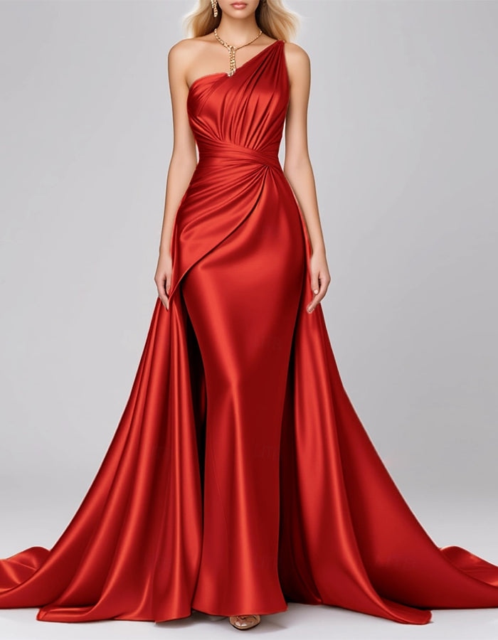 Solid One Shoulder Stretch Satin Pleated Maxi Dress