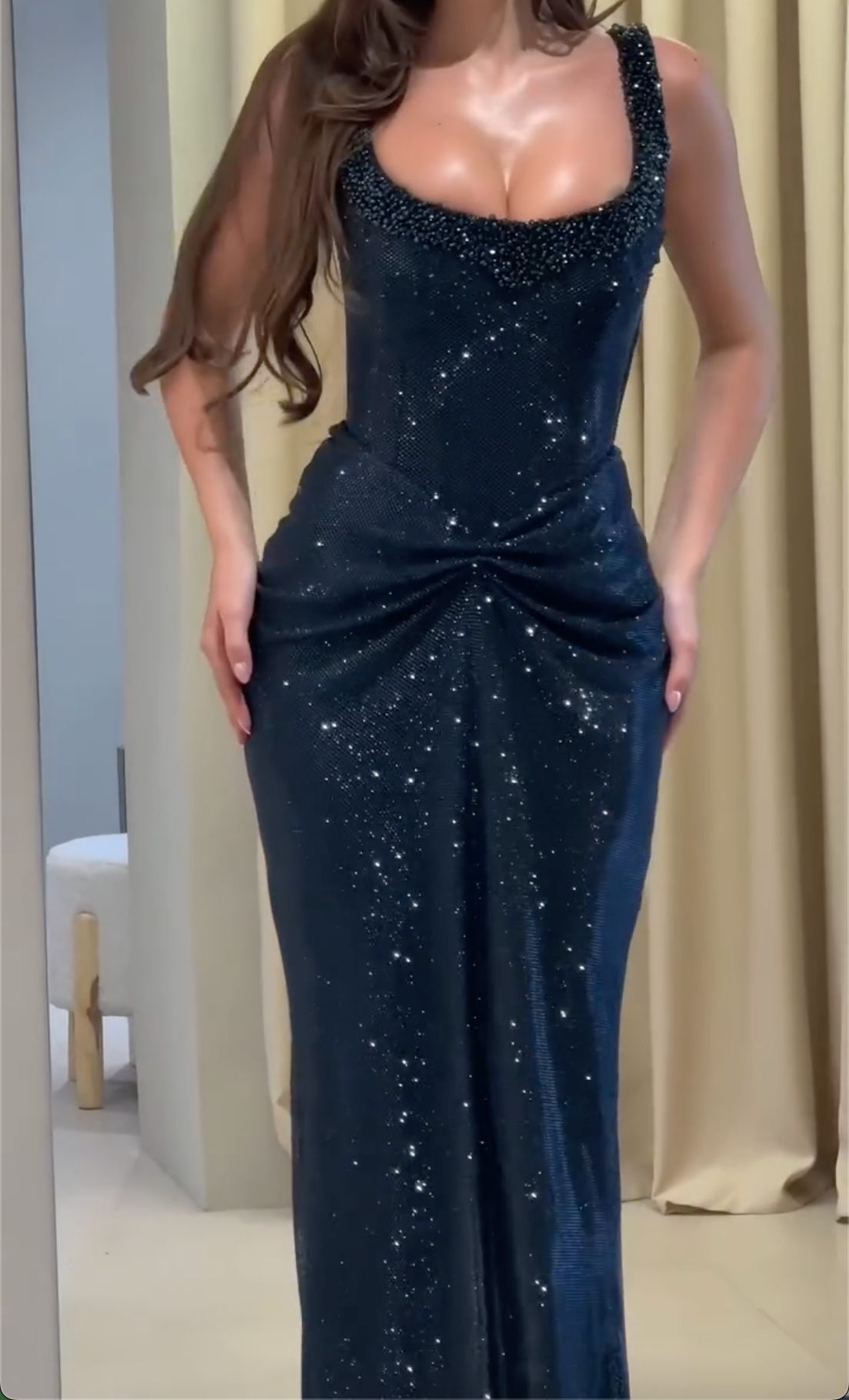 Multi-Color Square Neck Mermaid Evening Gown - Sparkly Waist Twist Formal Dress
