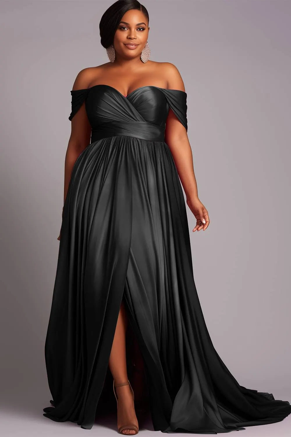 Black Off The Shoulder Cap Sleeve Split Crinkle Chest Satin Maxi Dresses