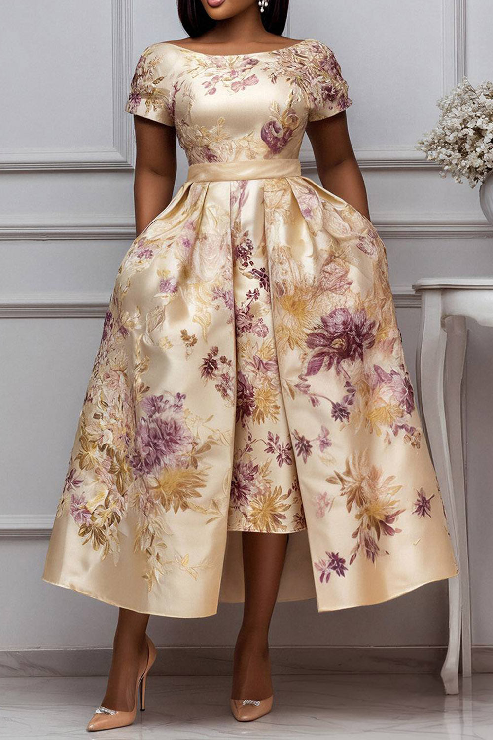 Wedding Guest Elegant Champagne Floral Short Sleeve Pocket Satin Midi Dresses
