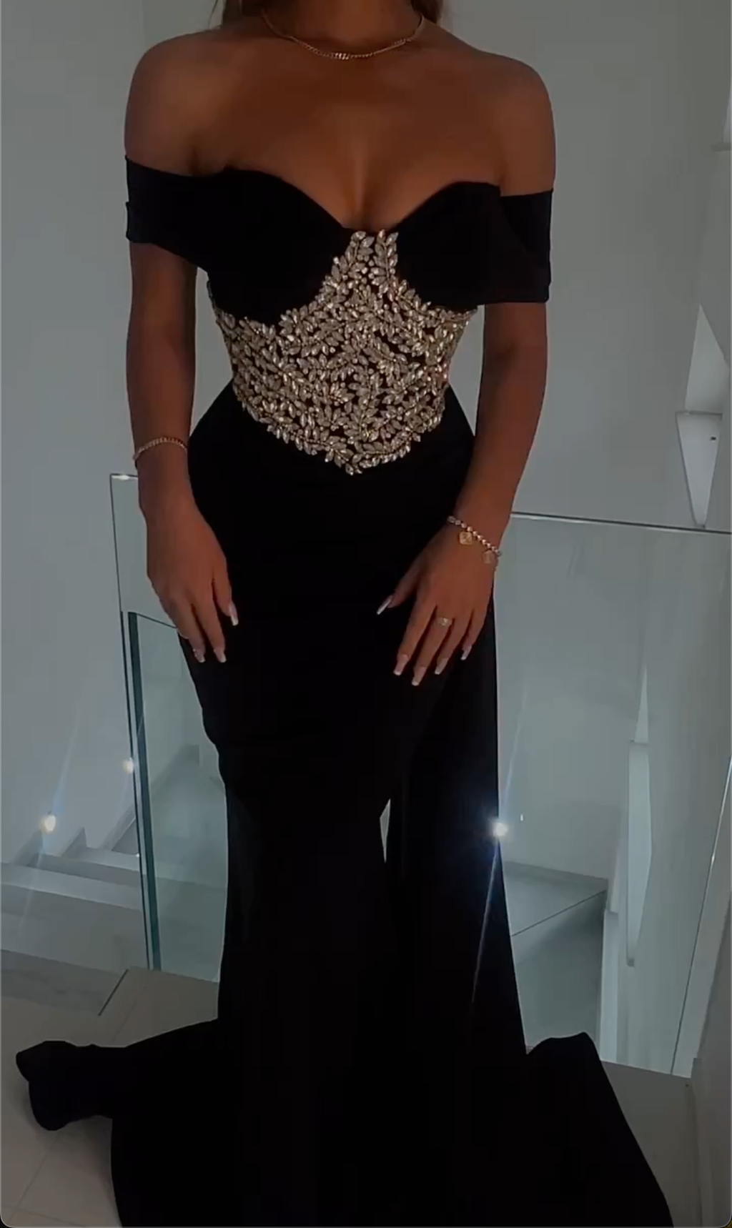 Opulent Black Off-Shoulder Mermaid Maxi Dress with Crystal Leaf Appliqué Corset