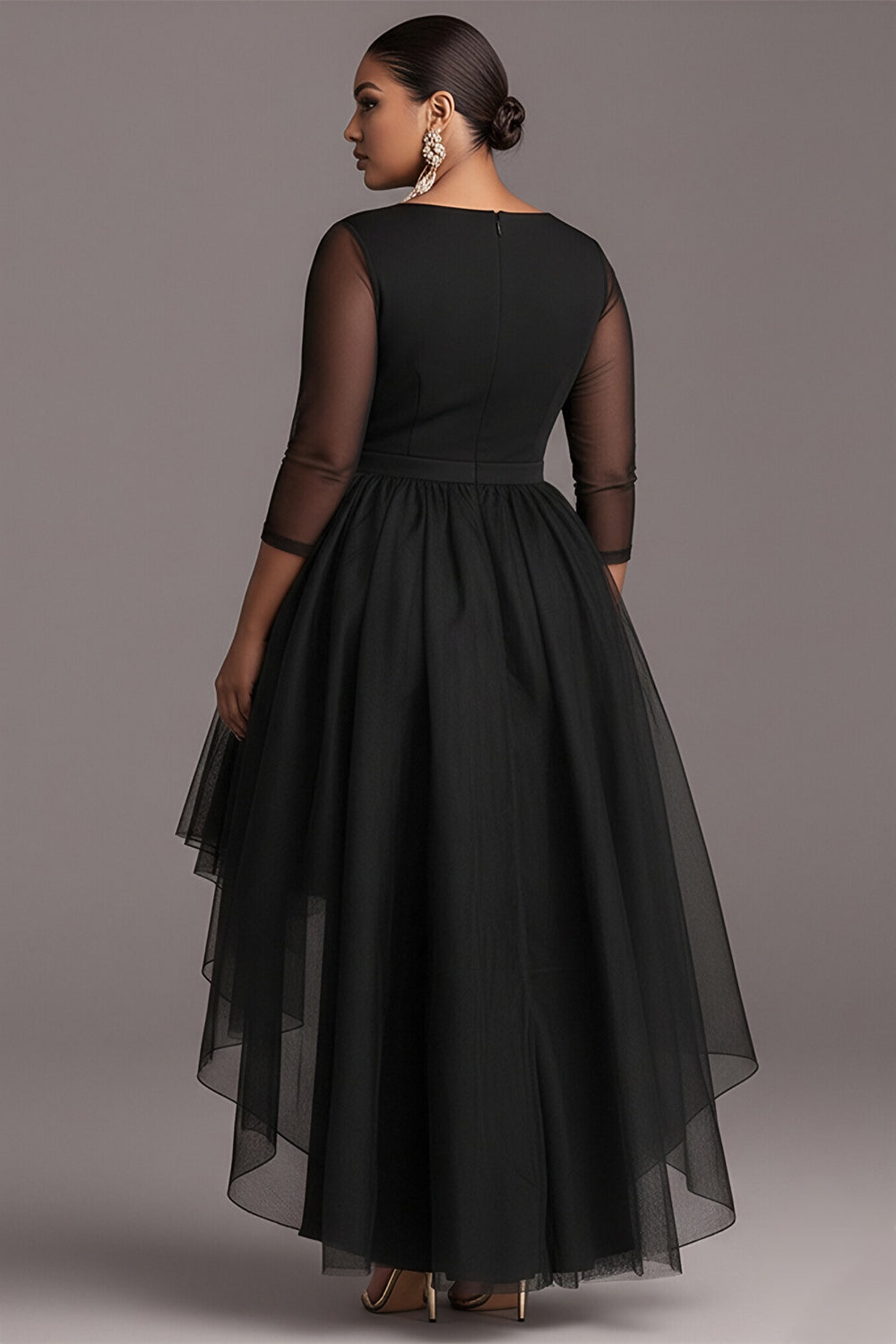 Party Black V Neck 3/4 Sleeve High Low Hem See Through Tulle Mini Dresses