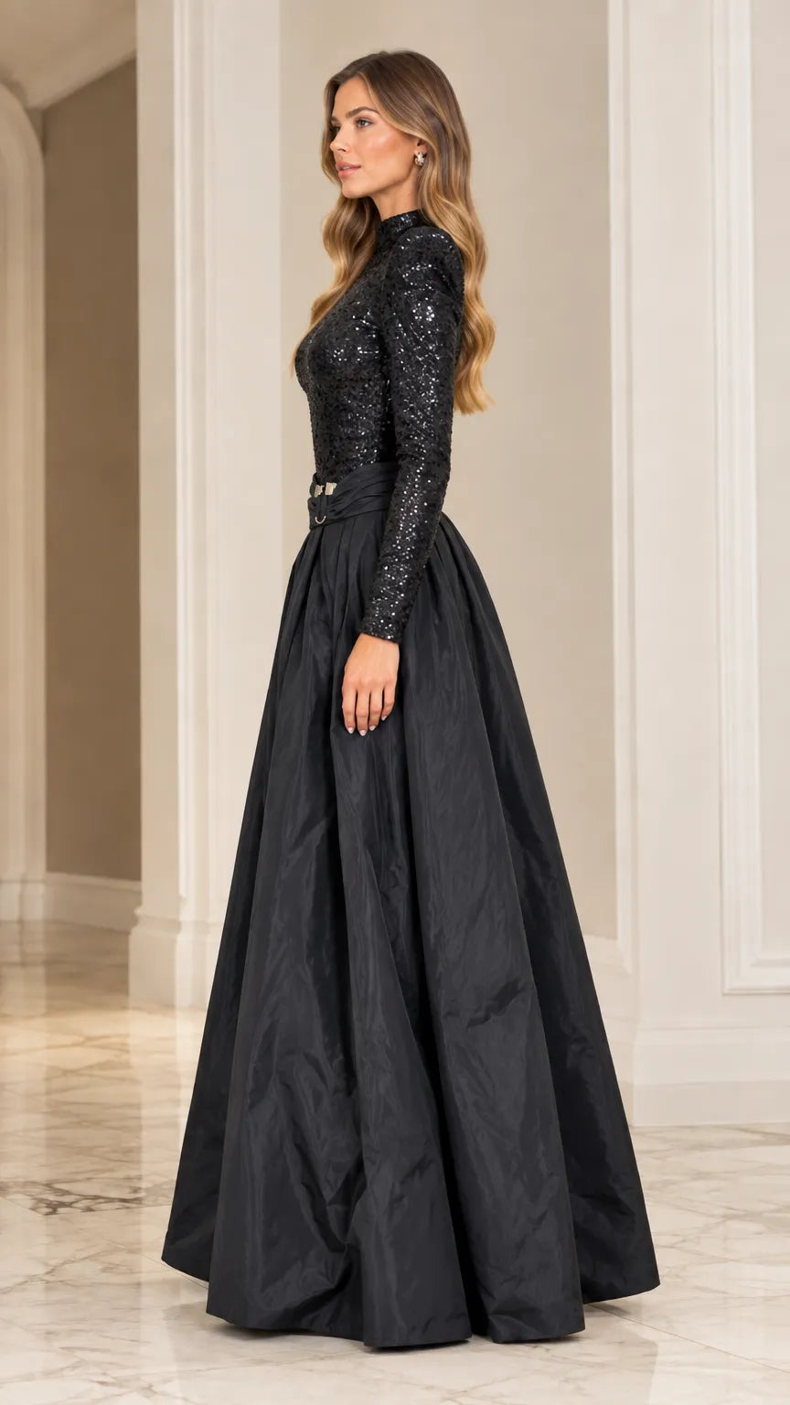 Sequined Mock Neck Open Back Maxi Ball Gown with Structured Shoulders