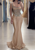 Champagne Beaded Satin Mermaid Maxi Dress with Crystal Embellished Bodice & Train