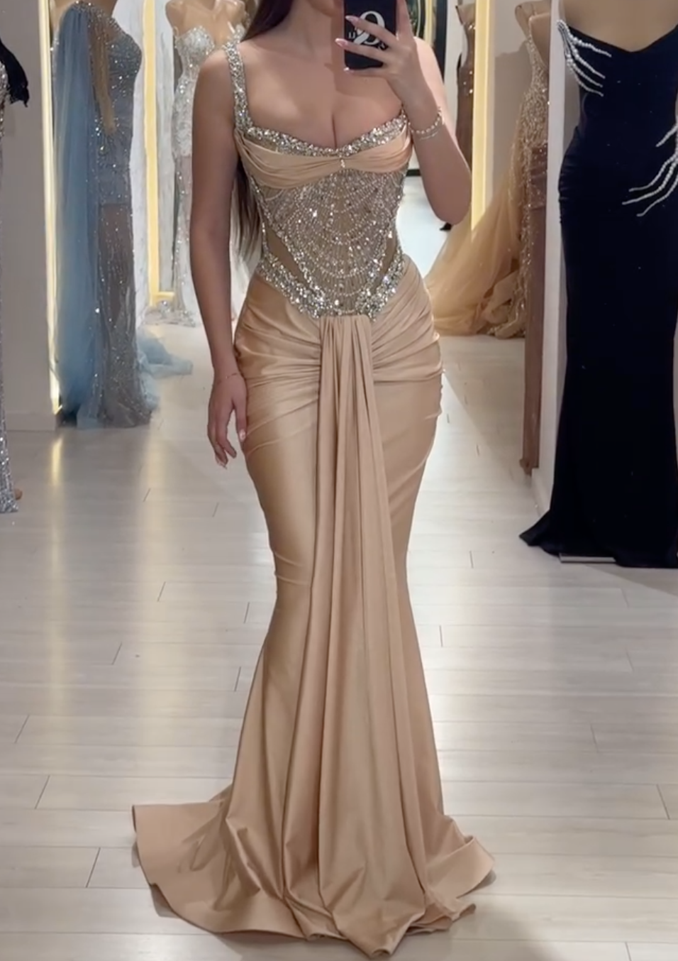 Champagne Beaded Satin Mermaid Maxi Dress with Crystal Embellished Bodice & Train