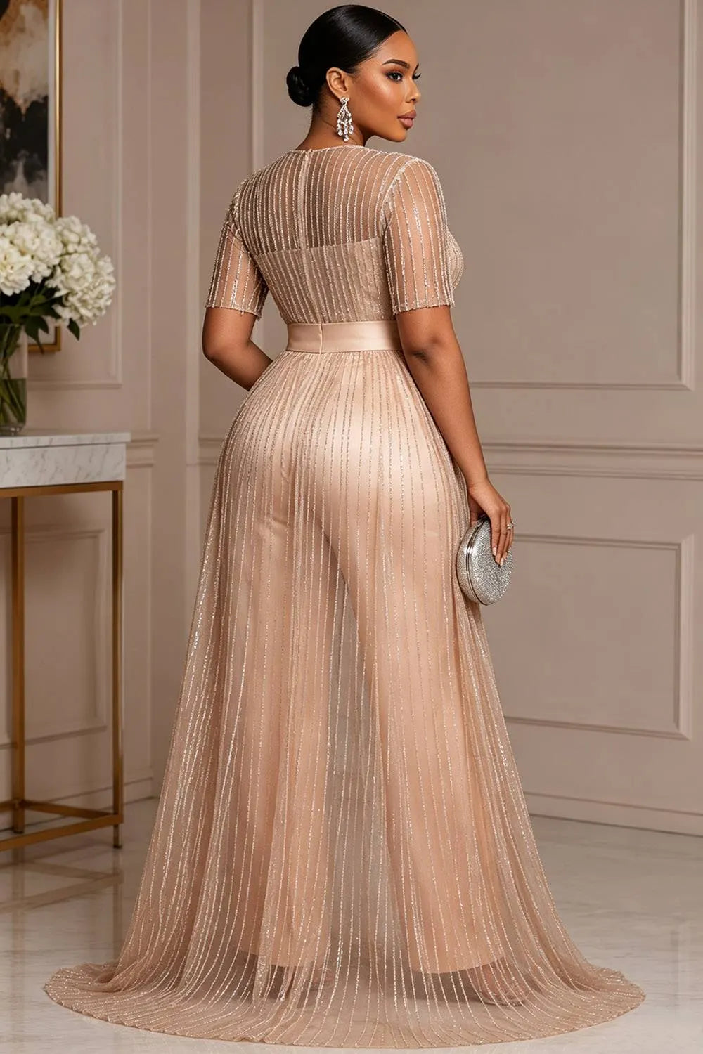 Satin Champagne Round Neck Short Sleeve With Skirt Overlay Pocket Tulle Jumpsuits [Pre-Order]