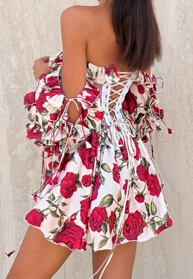 Red Rose Print Off-the-Shoulder Ruffled Long Sleeve Sheer Corset Mini Dress