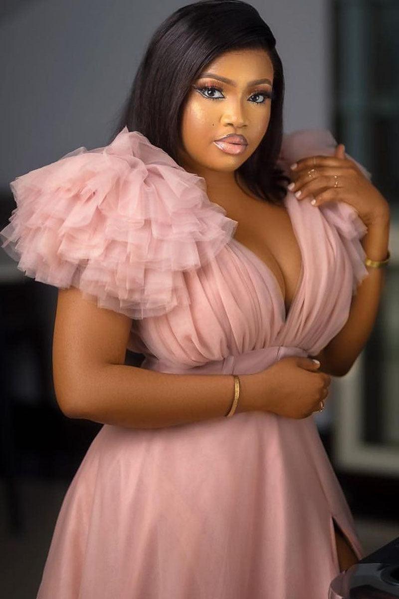 Pink Split Joint V Neck Tulle Ruffle Trailing Maxi Dress