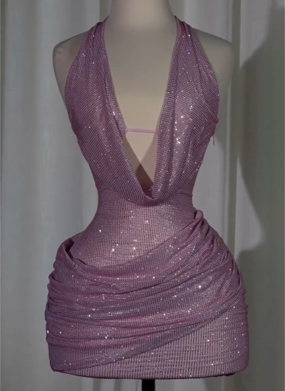 Dusty Pink / Silver Rhinestone Halter Neck Mini Dress with Cowl Neck - Formal Party Gown