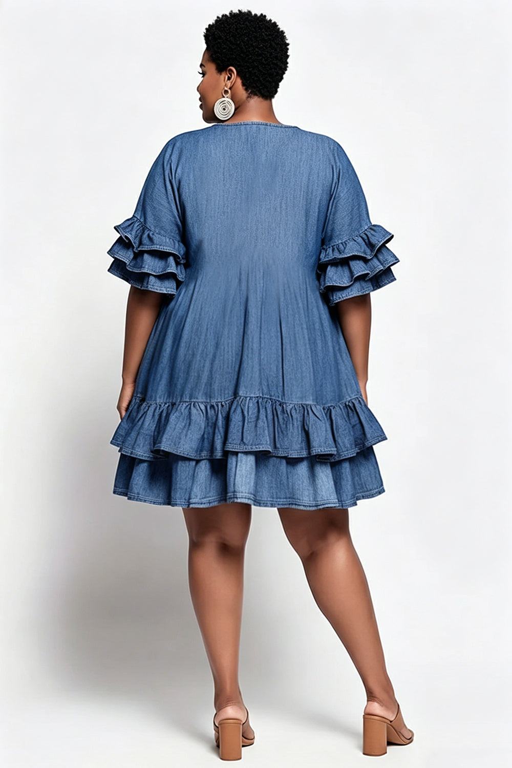 Xpluswear Design Plus Size Party Elegant Blue V Neck Short Sleeve Ruffle Tiered Tencel Denim Mini Dresses