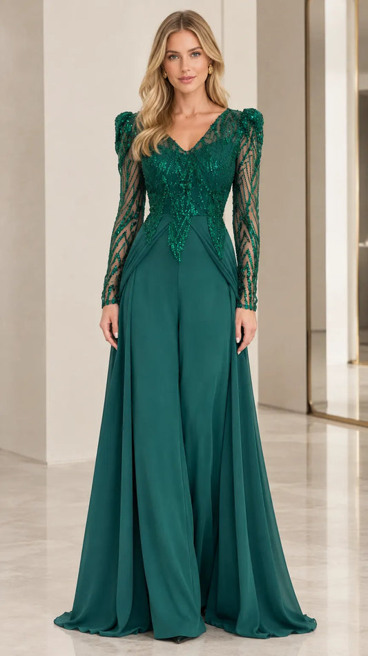 Sequin Beaded Long Sleeve V-Neck Wide-Leg Formal Evening Jumpsuit