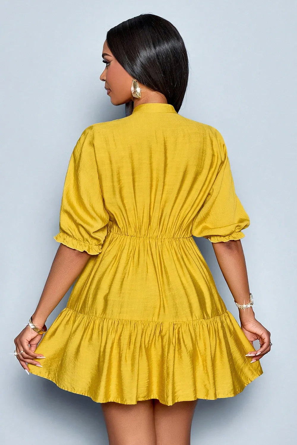 Solid Color Deep V Neck Puff Half Sleeve Tiered Party Mini Dresses-Blue