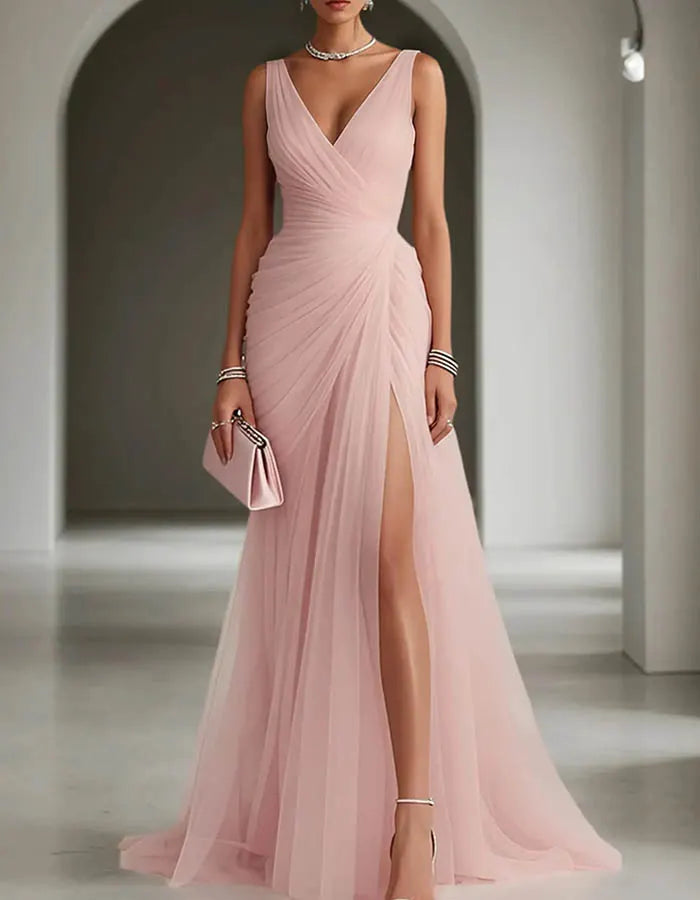 Tulle V-Neck Ruched Mermaid Maxi Dress