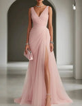 Tulle V-Neck Ruched Mermaid Maxi Dress