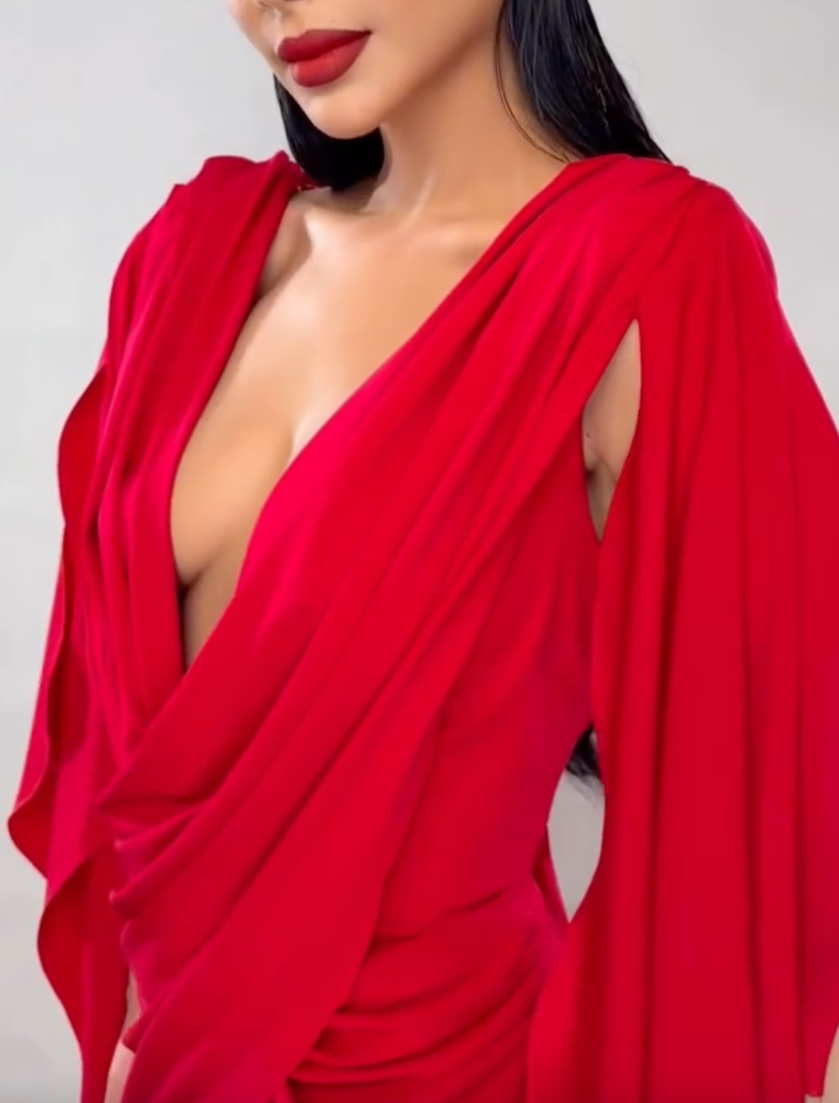 Red Draped Deep V Cape Sleeve Maxi Dress