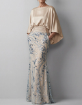 Champagne-colored Satin Cape-sleeved Maxi Dress