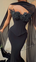 Black Strapless Mermaid Evening Gown - Floral Beaded Corset with Sheer Shawl Formal Dress