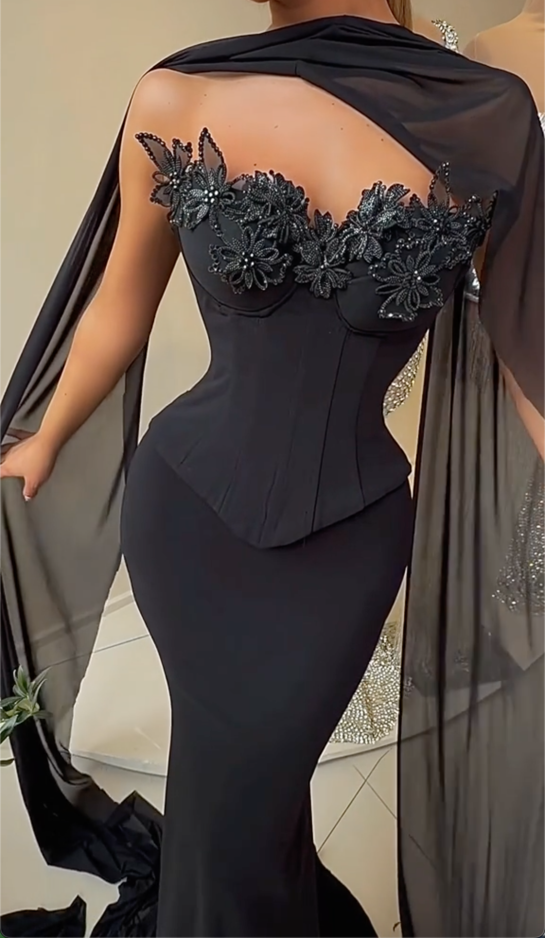 Black Strapless Mermaid Evening Gown - Floral Beaded Corset with Sheer Shawl Formal Dress