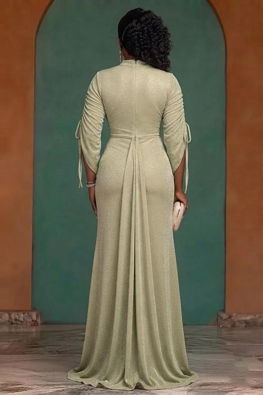 Mock Neck Drawstring Sleeve Ruched Gowns Maxi Dresses-Green [Pre Order]