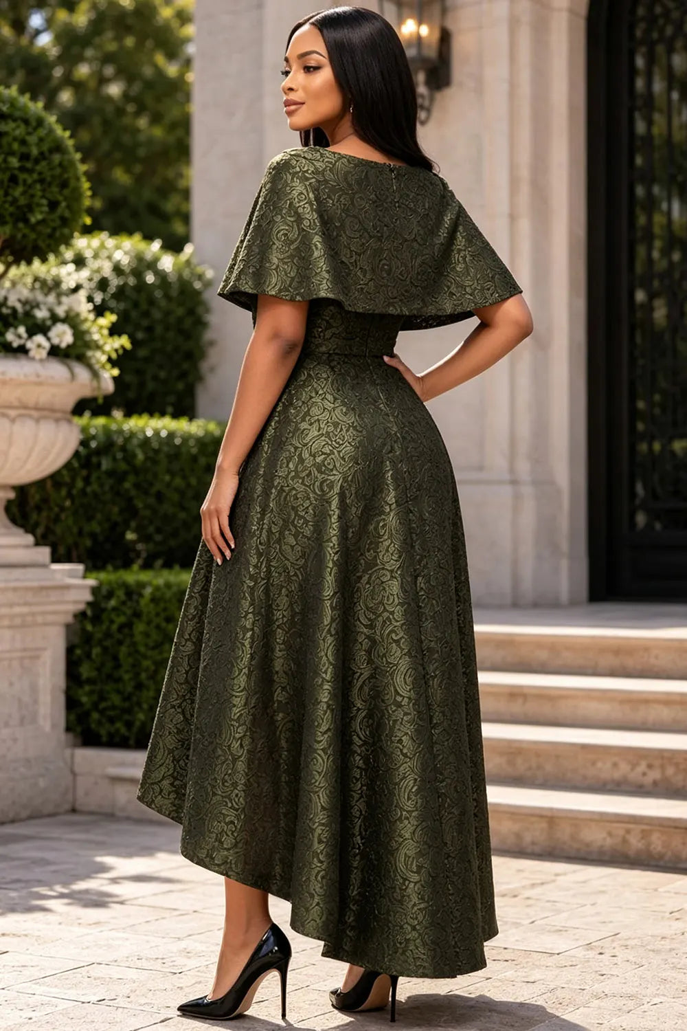 Green Round Neck Cape Sleeve Short Sleeve High Low Hem Pocket Jacquard Midi Dresses