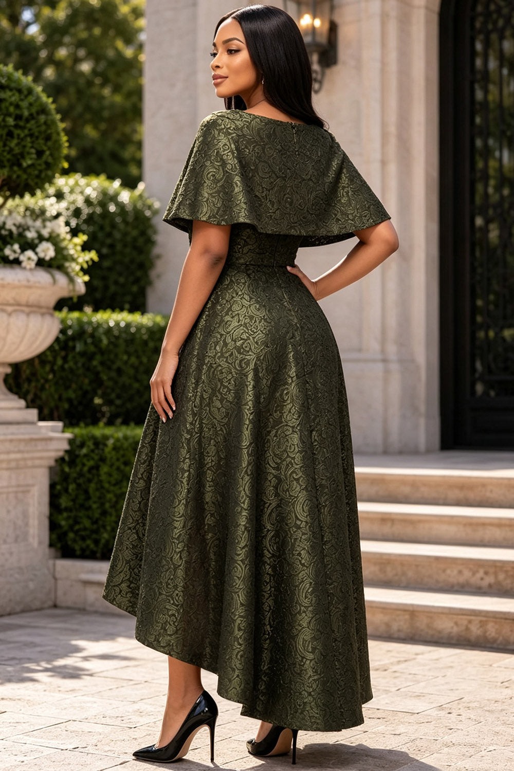 Green Round Neck Cape Sleeve Short Sleeve High Low Hem Pocket Jacquard Midi Dresses [Pre-Order]