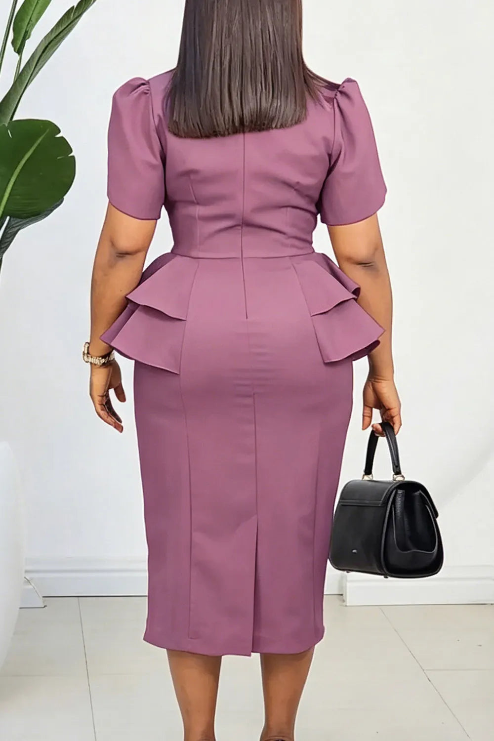 Shawl Lapel Puff Sleeve Ruffle Solid Color Bodycon Formal Midi Dresses-Pink