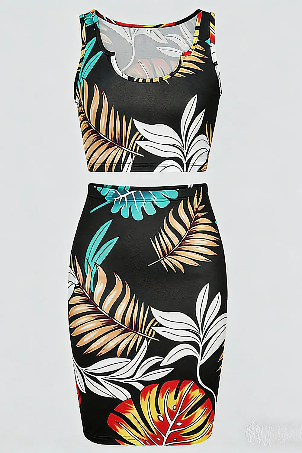 Leaf Print U Neck Crop Tank Top Skinny Mini Skirt Casual 2pcs Set-Multicolor
