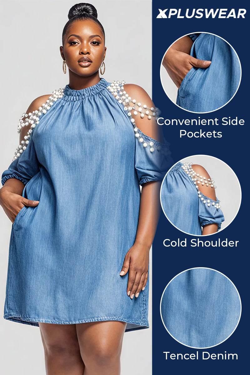 Xpluswear Design Plus Size Party Light Blue Round Neck Cold Shoulder Short Sleeve Pocket Pearls Tencel Denim Mini Dresses