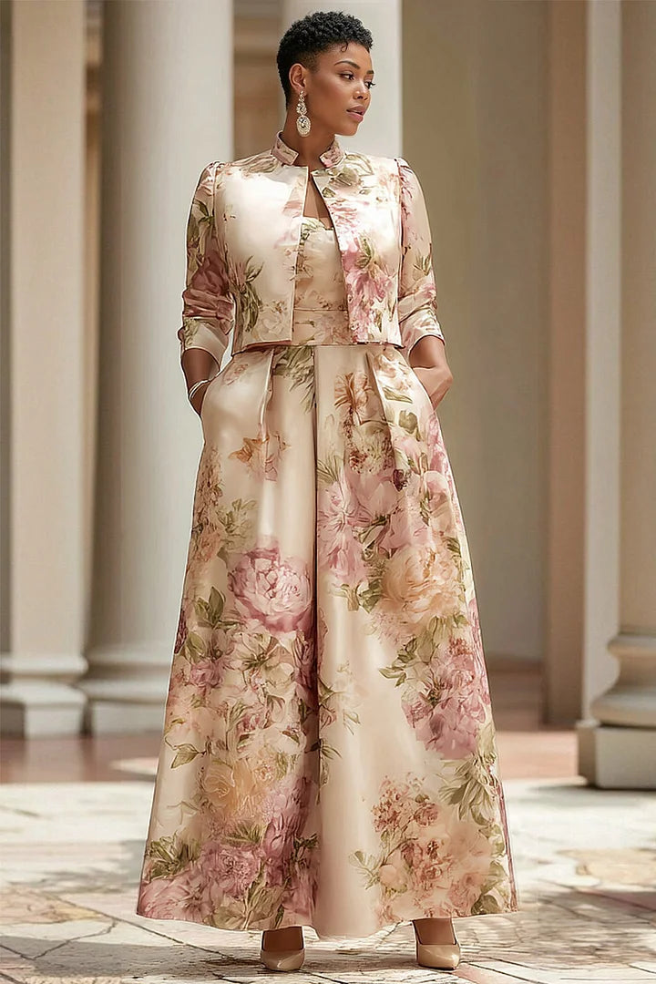 Champagne Floral 3/4 Sleeve Pocket Satin Two Piece Dress Set