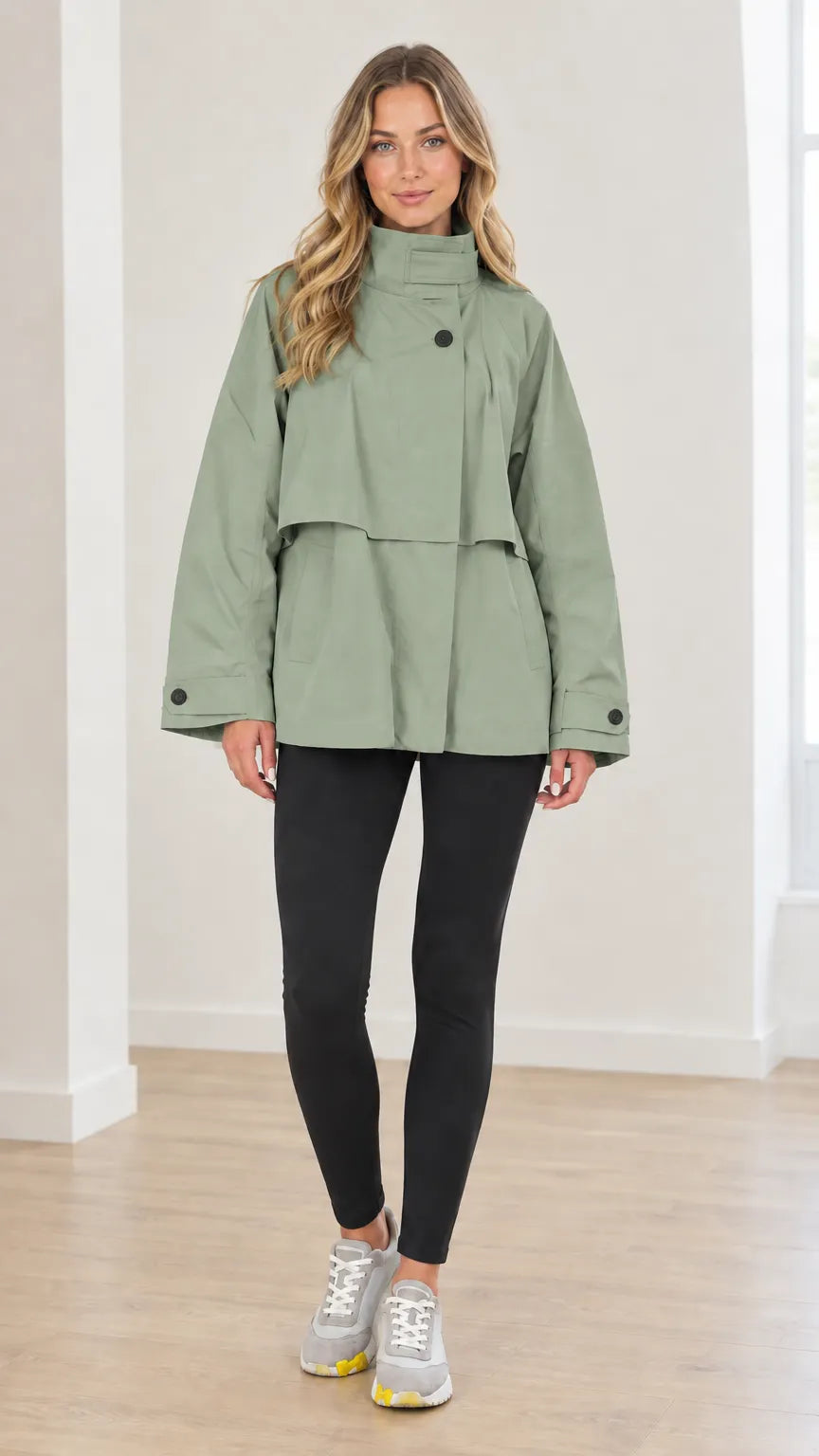 Women's High Neck Layered Flap Short Trench Coat Loose Windbreaker Jacket