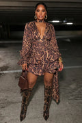 Leopard Print Deep V Neck Tiered Ruffle Hem Mini Dresses-Brown [Pre Order]