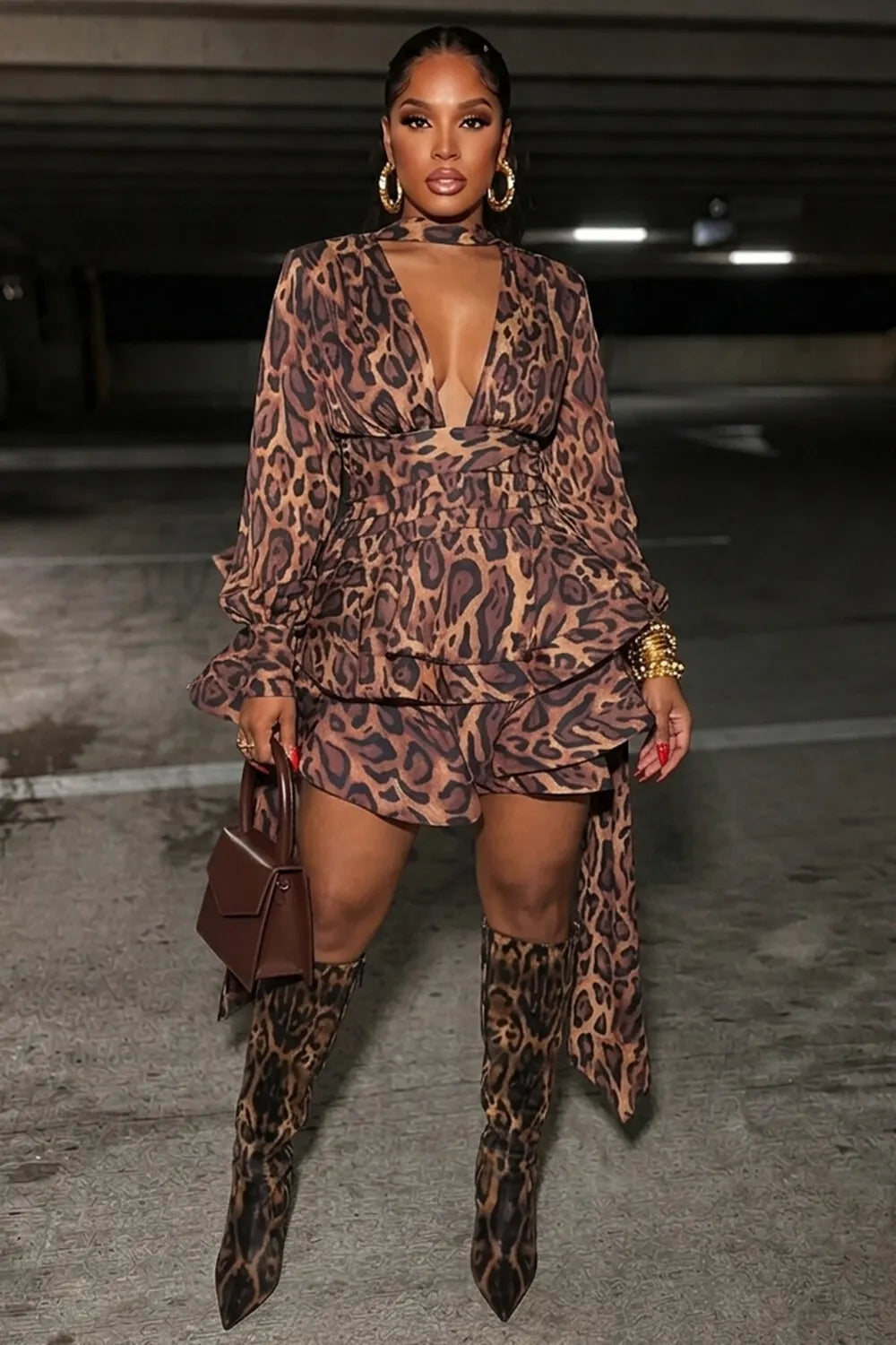 Leopard Print Deep V Neck Tiered Ruffle Hem Mini Dresses-Brown [Pre Order]