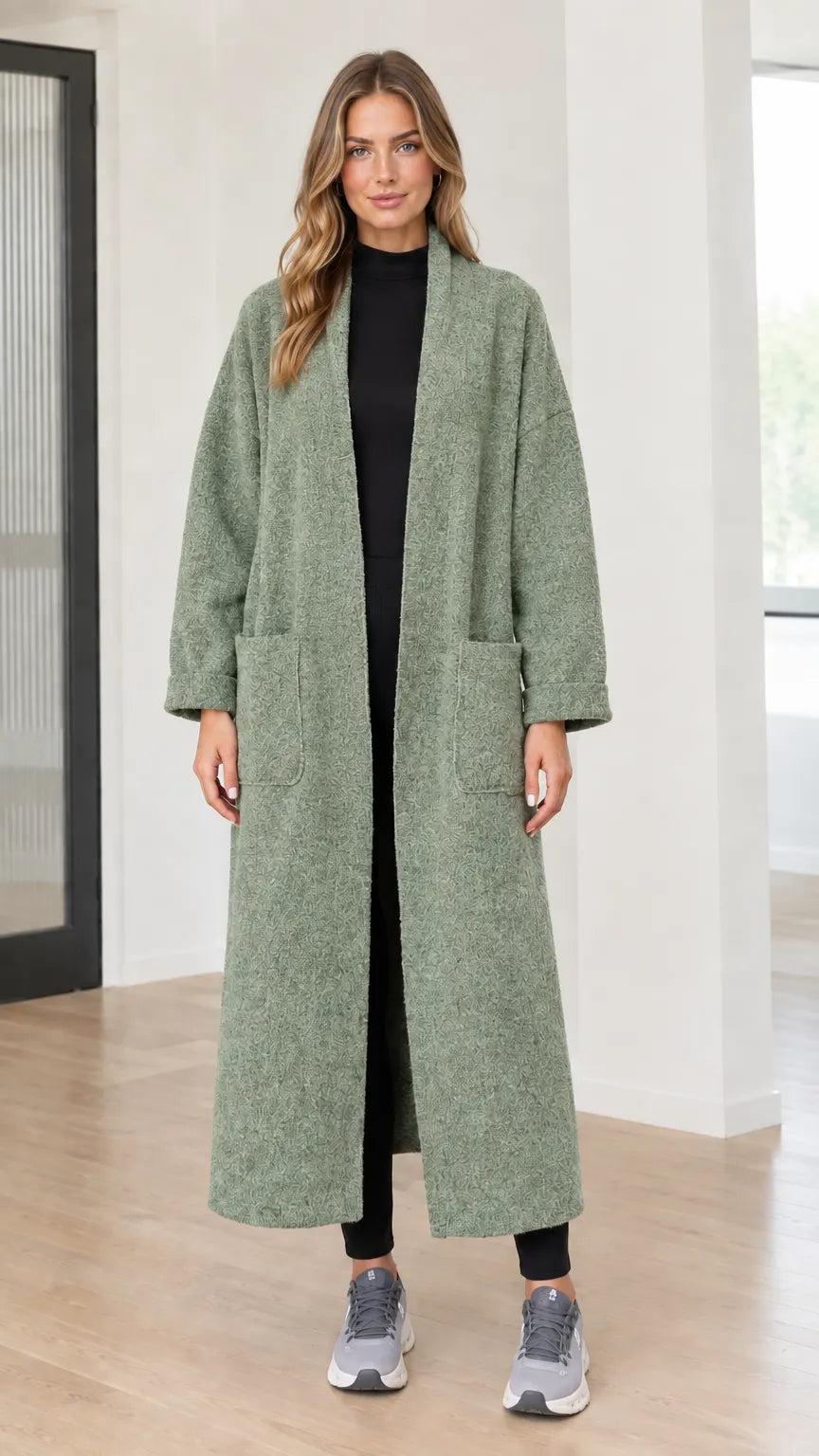 Women's Textured Bouclé Long Open Front Duster Coat with Pockets