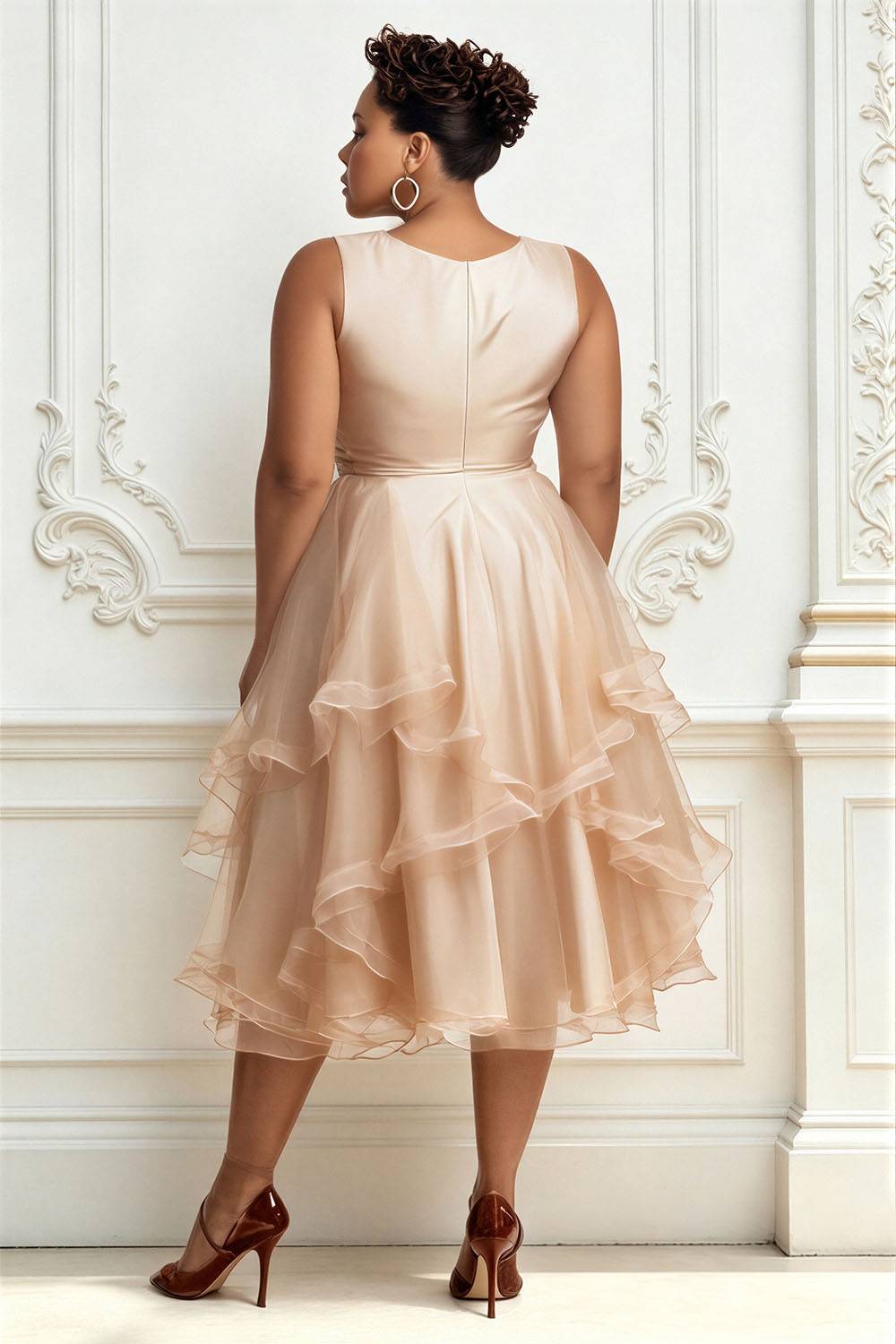 Wedding Guest Champagne V Neck Ruffle Tulle Midi Dresses