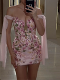 Pink Off-the-Shoulder Floral Embellished Mini Dress - Sweetheart Neck with Chiffon Ties