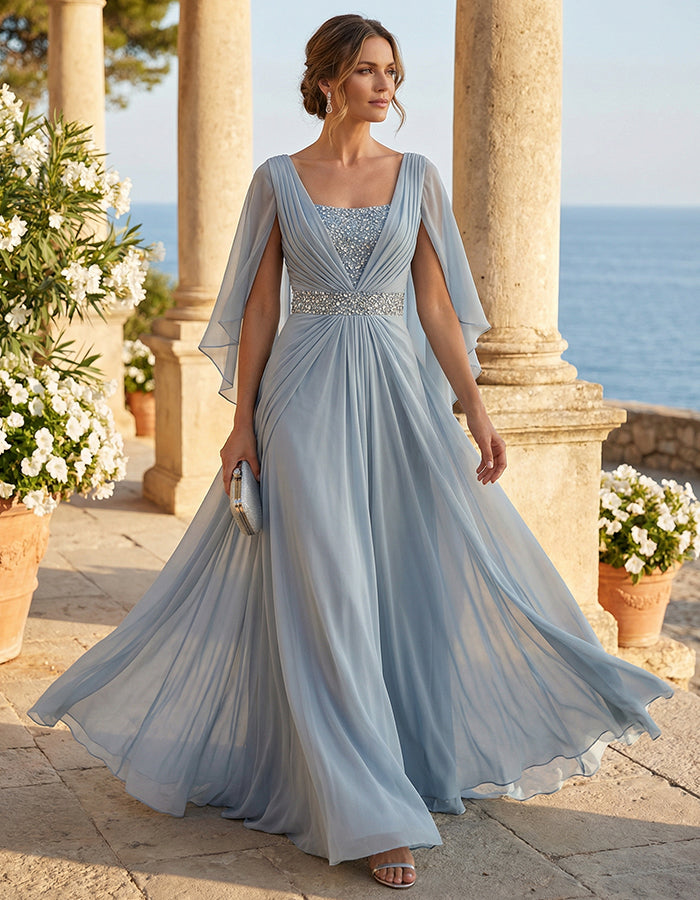Ice Blue Chiffon Cape Sleeves Maxi Dress