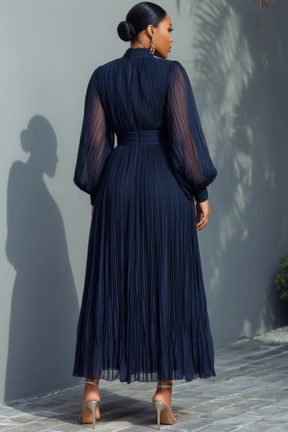 Churchs Navy Blue Mock Neck Lantern Sleeve Long Sleeve See Through Elegant Ruffled Midi Dresses