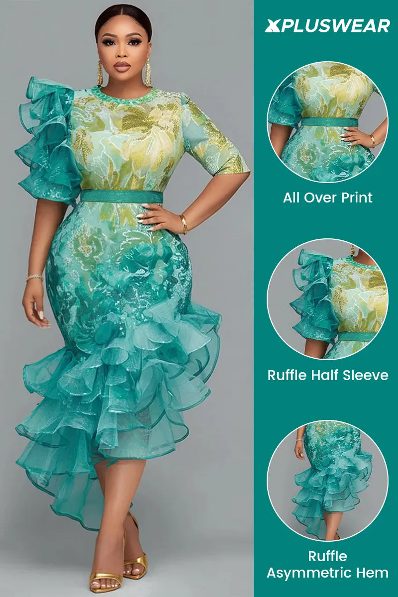 Cocktail Party Green All Over Print Round Neck Half Sleeve Ruffle Asymmetric Hem Irregular Hem Midi Dresses