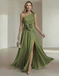 Solid Color One Shoulder Chiffon Dress With 3D Floral High Slit Maxi Dress