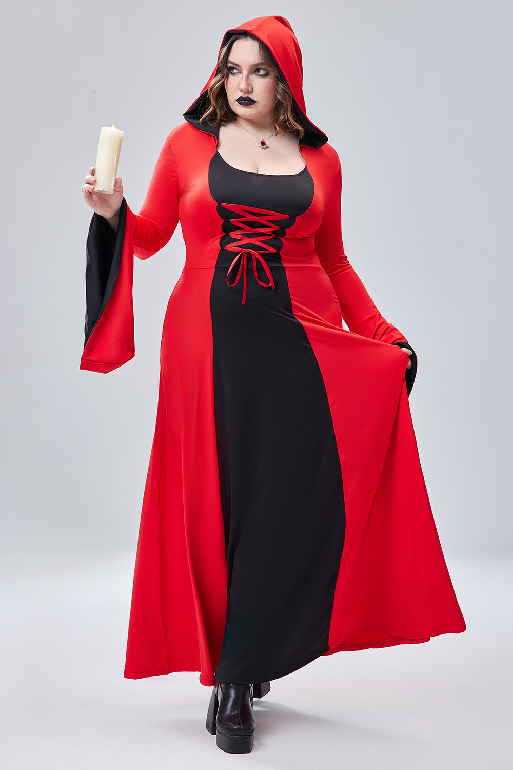 Halloween Costume Red Hooded Lace Up Witches Trumpet Sleeve Knitted Maxi Dress(Ships 24h)