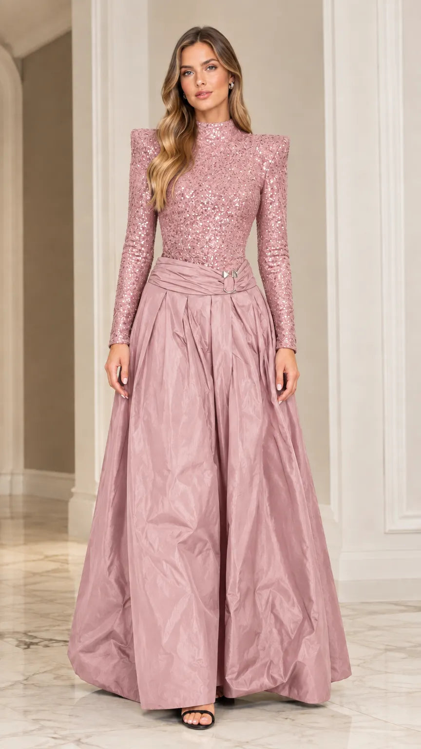 Sequined Mock Neck Open Back Maxi Ball Gown with Structured Shoulders